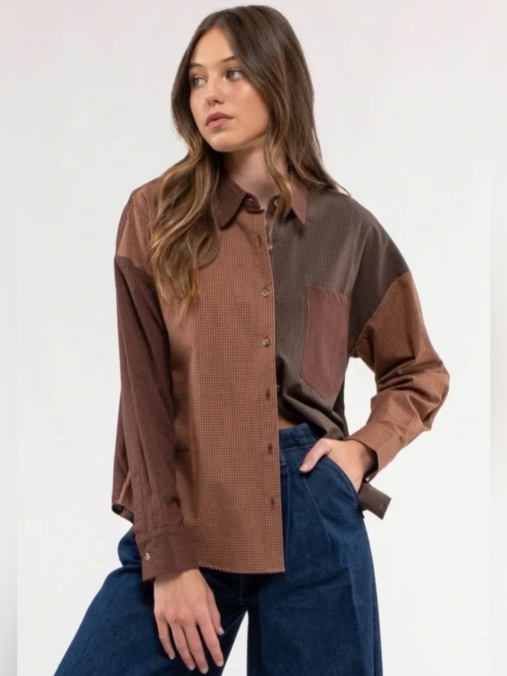🍂 Blu Pepper Colorblock Gingham Button Down Shirt Size M NWT